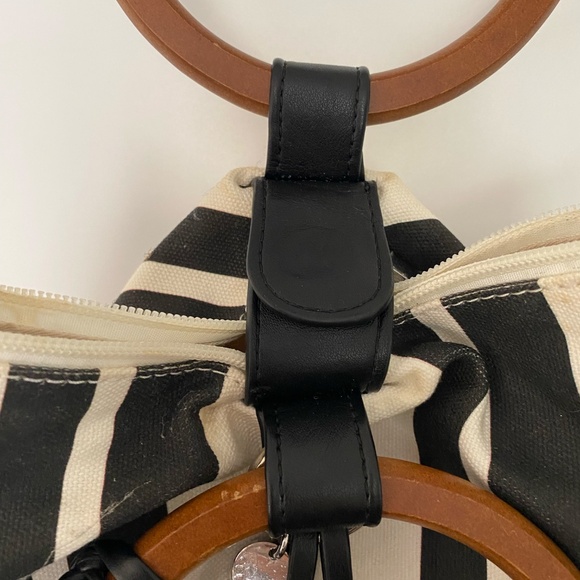 Celine Dion cream and black striped canvas purse with wooden handles - Picture 4 of 7